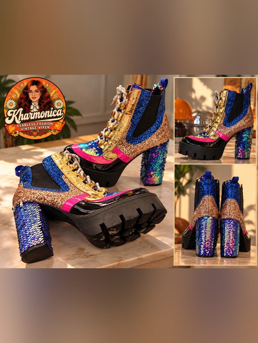 Multicolor Sequin Platform Ankle Boots - Women's Statement Heels
